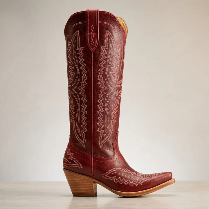 Women's Knee High Cowboy Boots with Block Heel and Wide Fit
