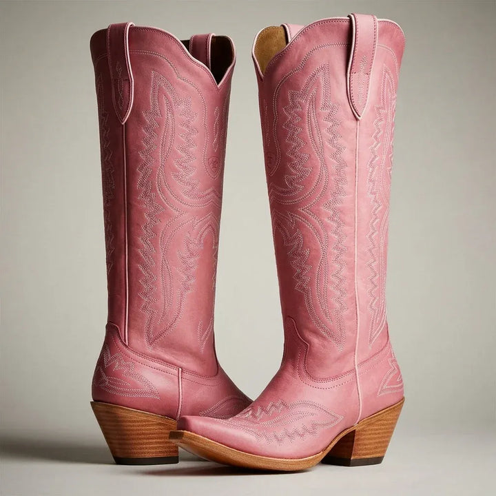 Women's Knee High Cowboy Boots with Block Heel and Wide Fit