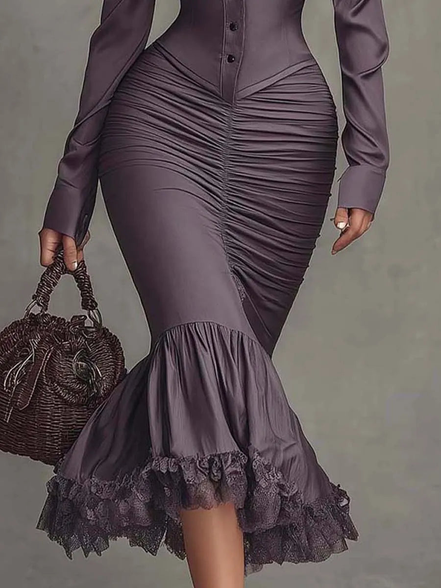 Women's Long Sleeve Bodycon Midi Wedding Guest Dress with Ruched Detail