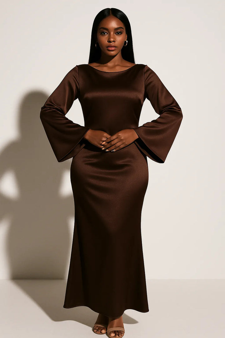 Women's Long Sleeve Elegant Maxi Wedding Guest Dress with Scoop Neckline