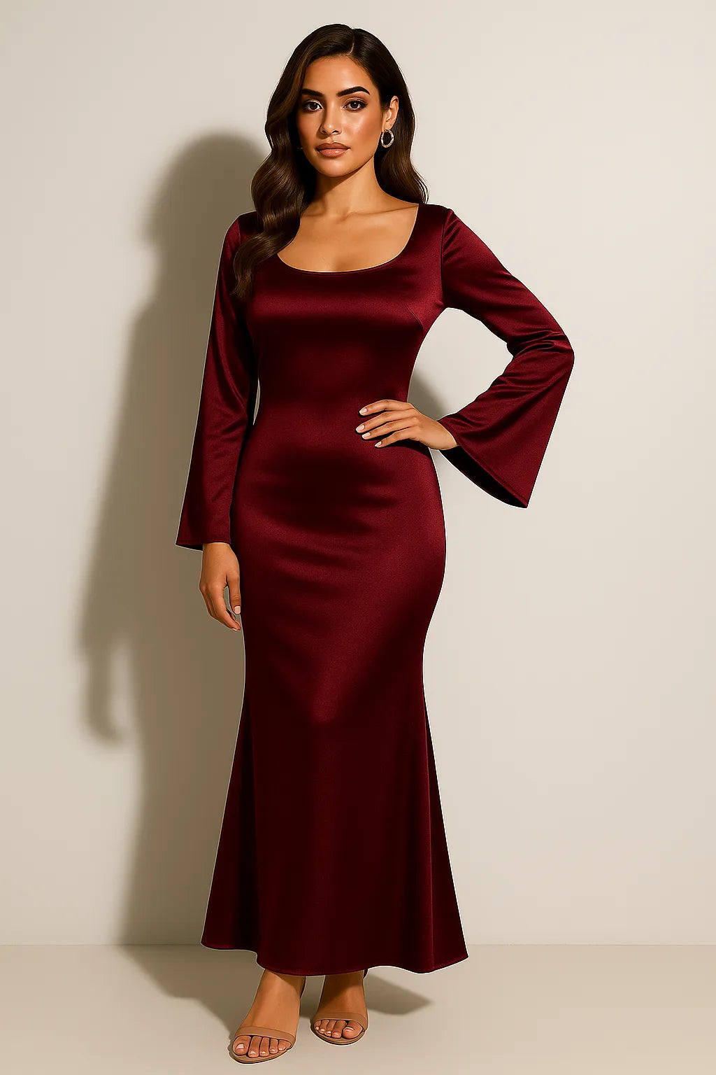 Women's Long Sleeve Elegant Maxi Wedding Guest Dress with Scoop Neckline