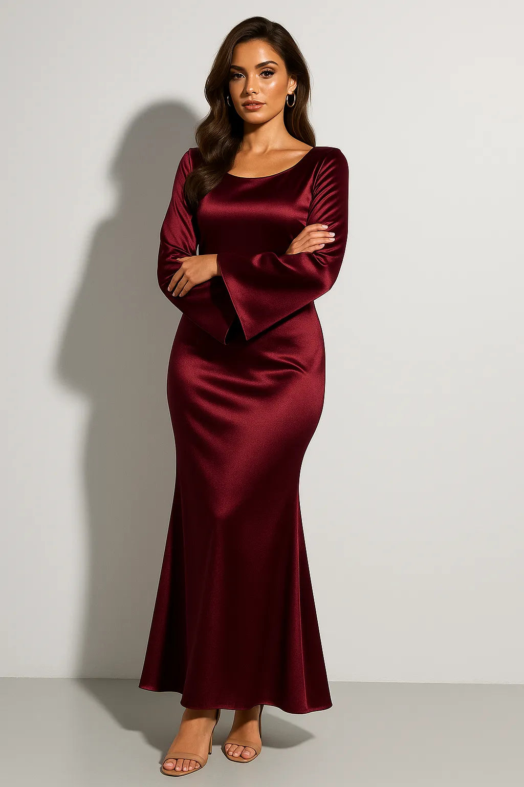 Women's Long Sleeve Elegant Maxi Wedding Guest Dress with Scoop Neckline