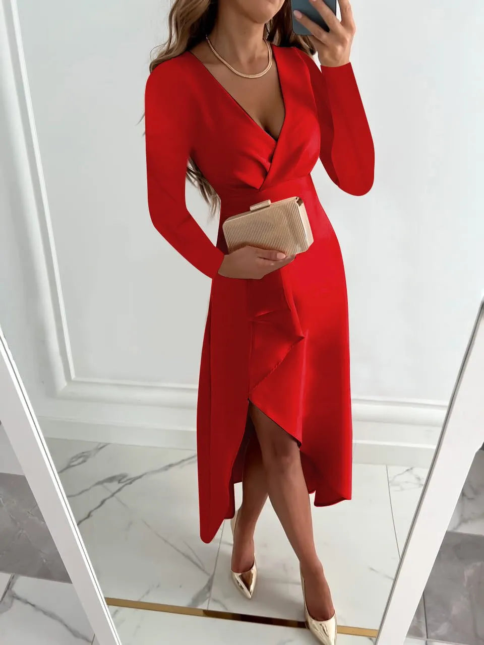 Women's Long Sleeve Elegant Midi Wedding Guest Dress with V Neck