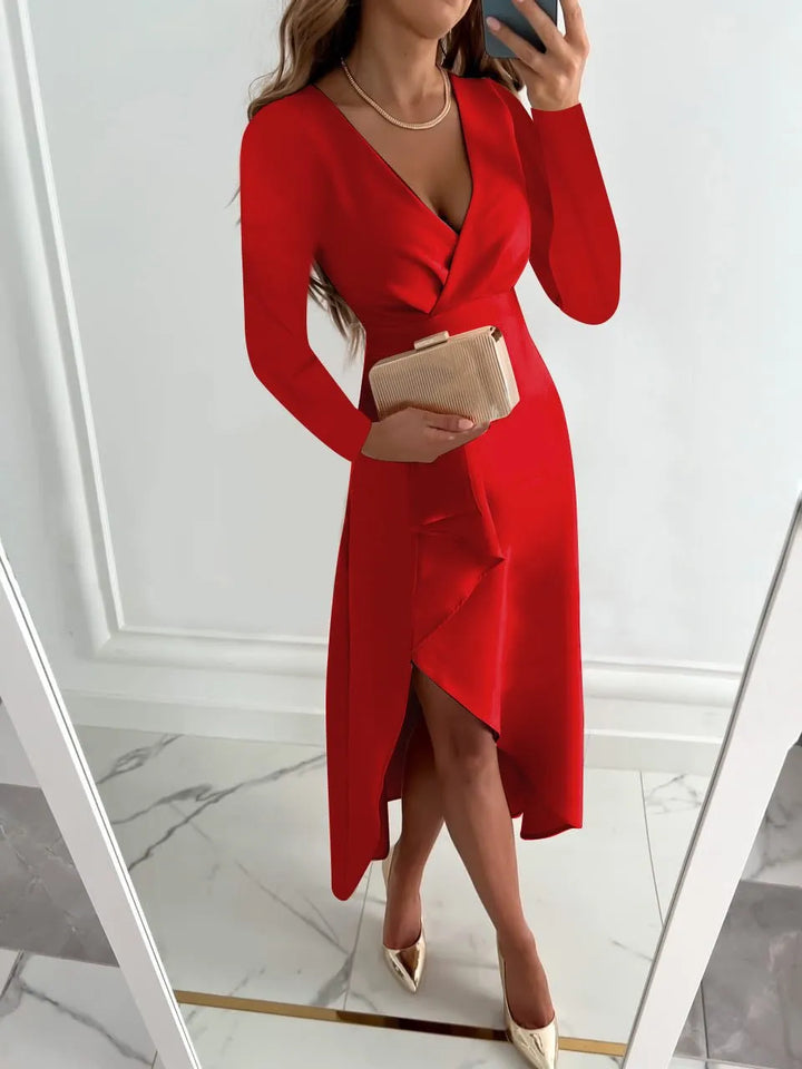Women's Long Sleeve Elegant Midi Wedding Guest Dress with V Neck