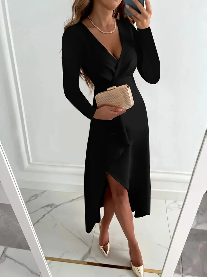 Women's Long Sleeve Elegant Midi Wedding Guest Dress with V Neck