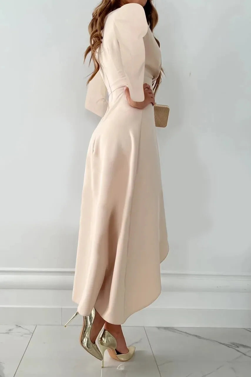 Women's Long Sleeve Elegant Midi Wedding Guest Dress with V Neck