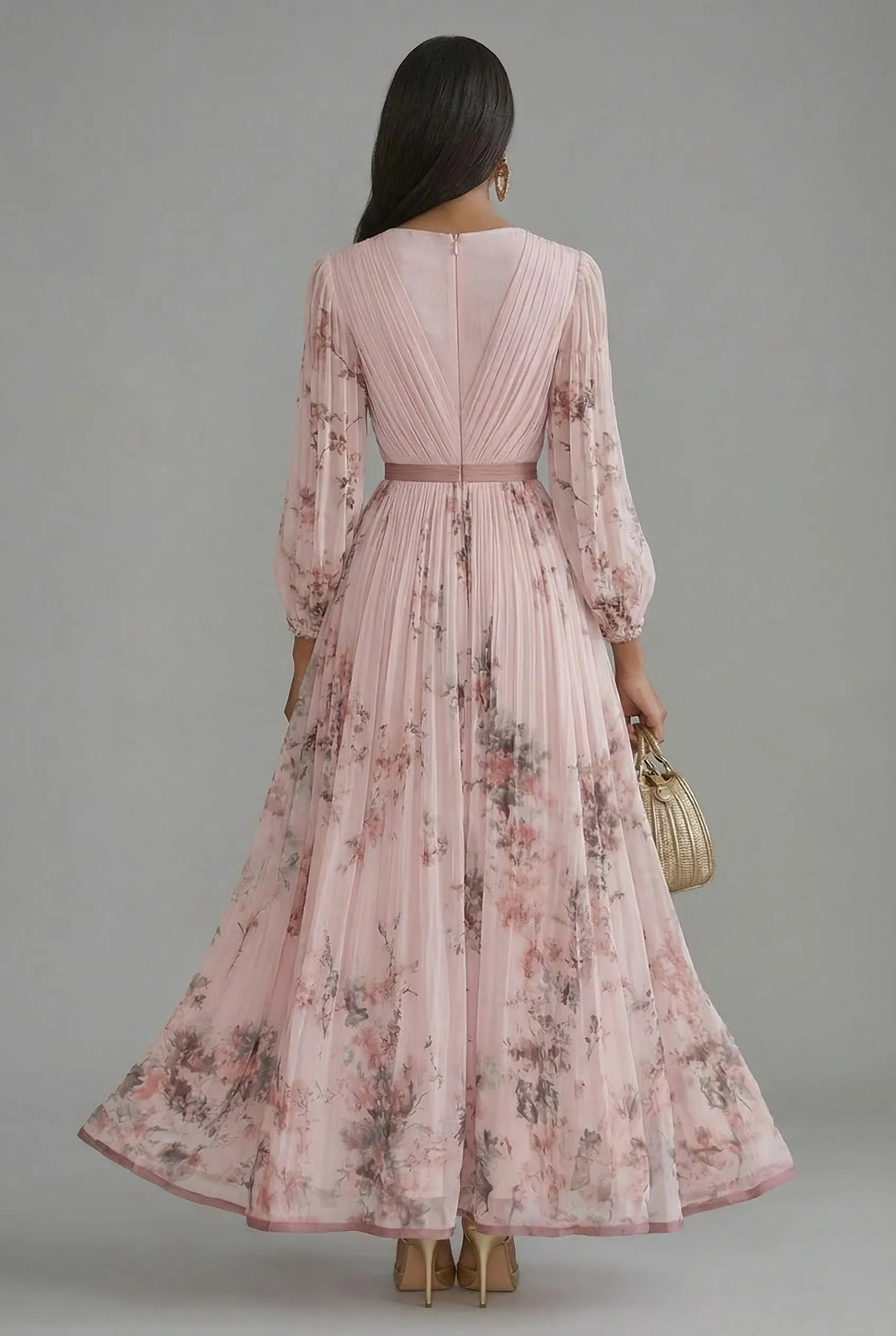 Women's Long Sleeve Floral Maxi Wedding Guest Dress with V-Neck