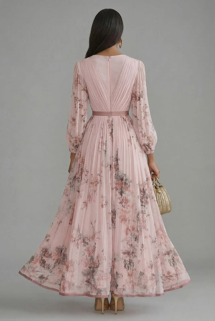 Women's Long Sleeve Floral Maxi Wedding Guest Dress with V-Neck