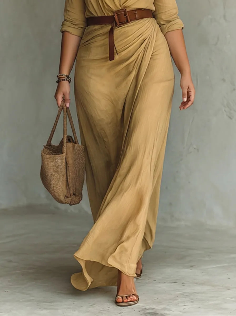 Women's Long Sleeve Shirt Maxi Wedding Guest Dress with V Neck