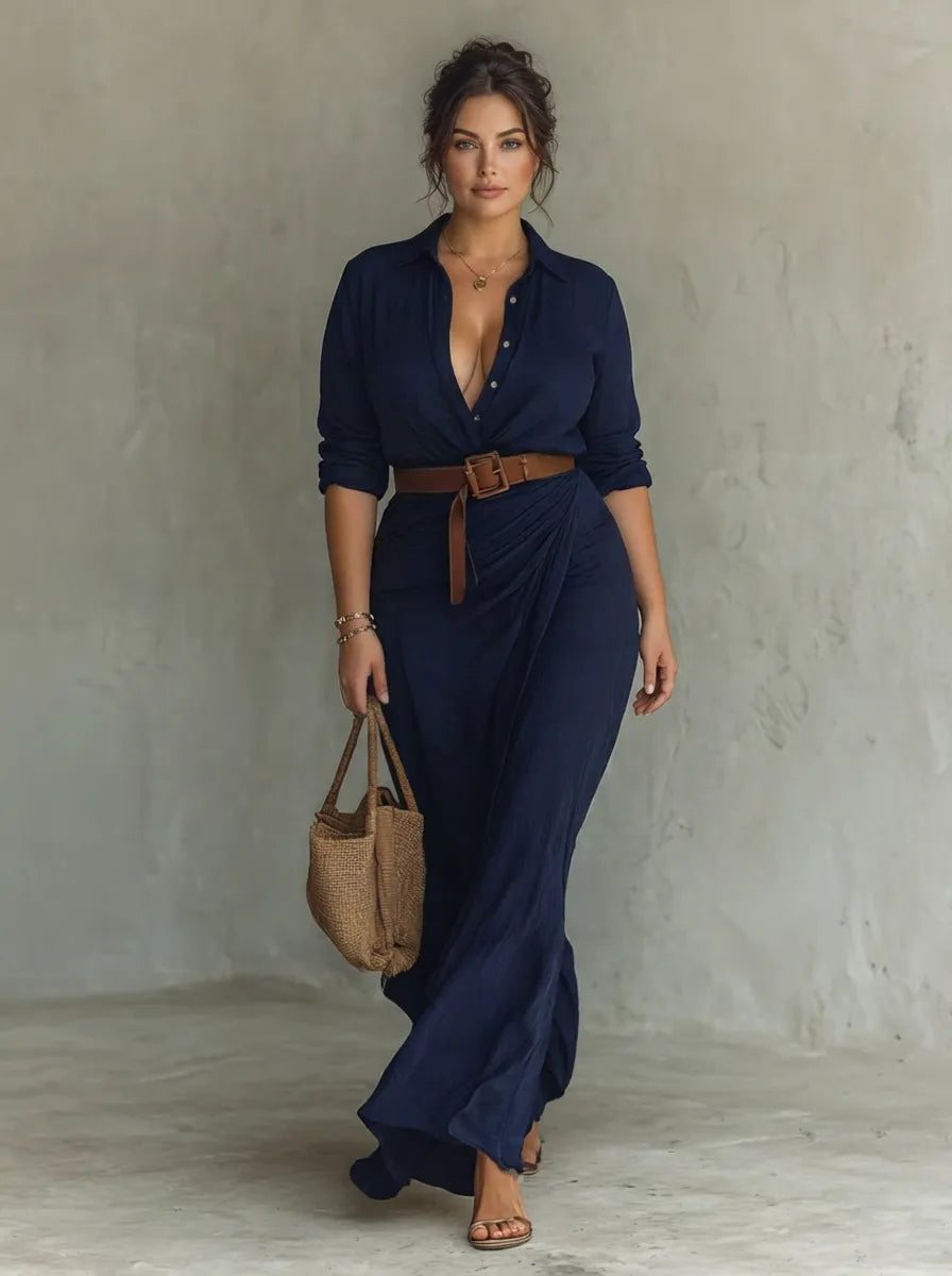 Women's Long Sleeve Shirt Maxi Wedding Guest Dress with V Neck