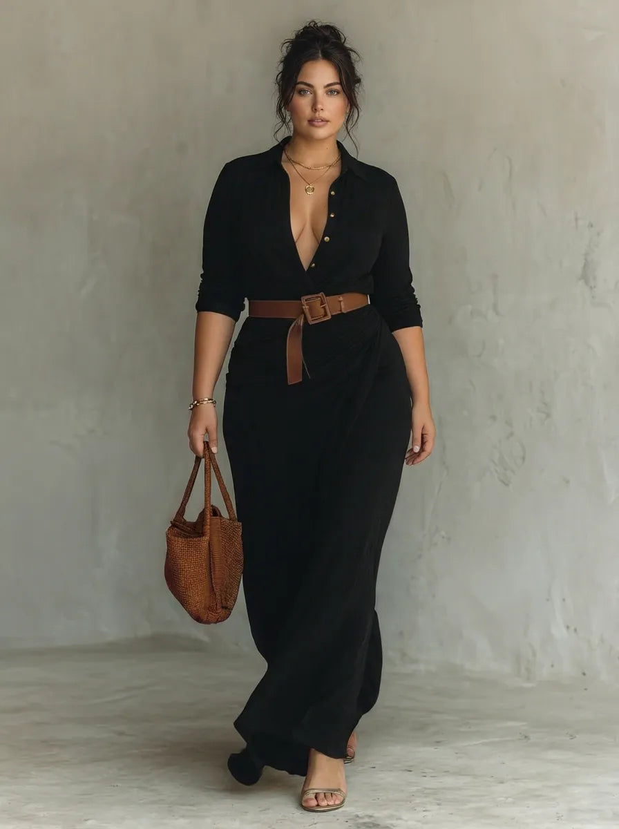 Women's Long Sleeve Shirt Maxi Wedding Guest Dress with V Neck