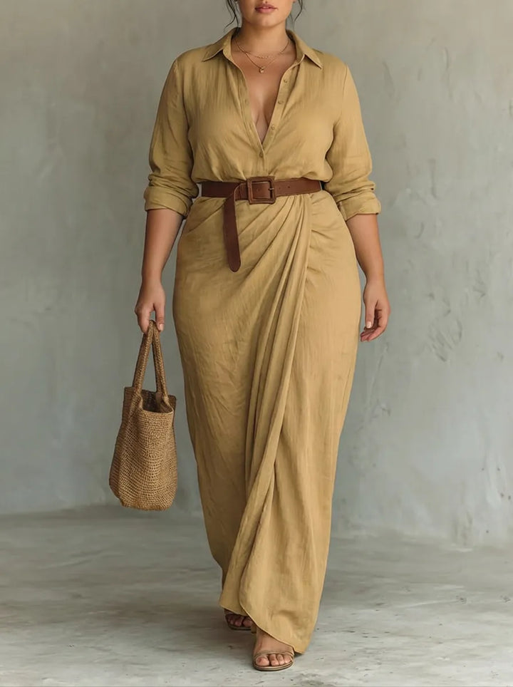 Women's Long Sleeve Shirt Maxi Wedding Guest Dress with V Neck
