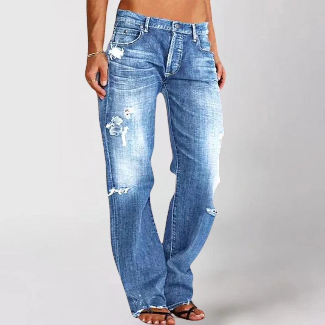 Women's Low Rise Wide Leg Jeans with Distressed Detail