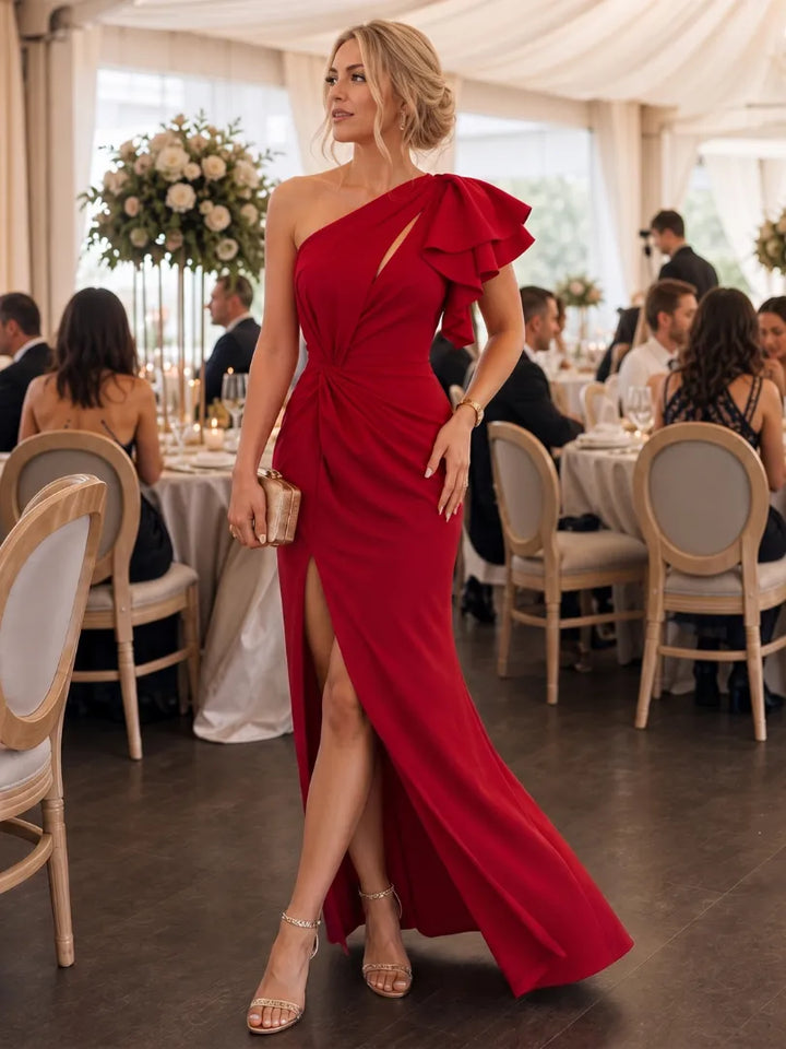 Women's One Shoulder Elegant Maxi Wedding Guest Dress with Slit