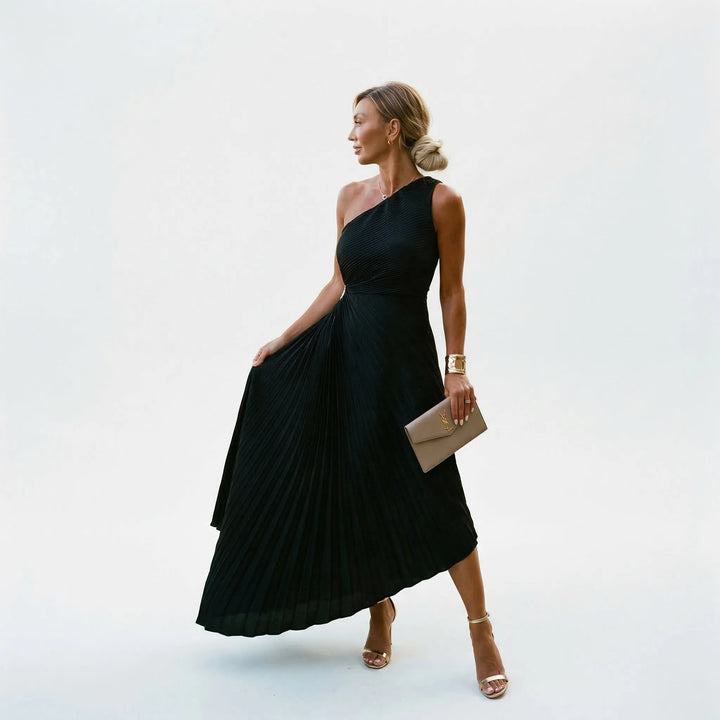 Women's One Shoulder Pleated Maxi Wedding Guest Dress with Asymmetric Neckline