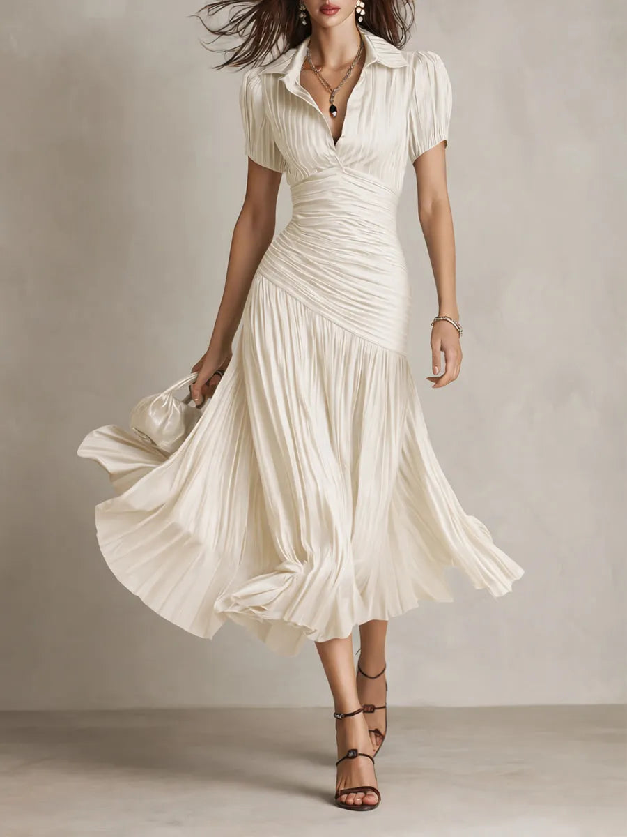 Women's Pleated Bodycon Midi Wedding Guest Dress with Collared Neck