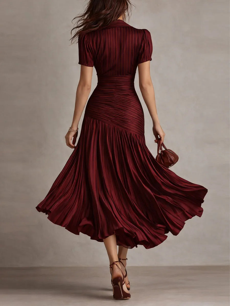 Women's Pleated Bodycon Midi Wedding Guest Dress with Collared Neck