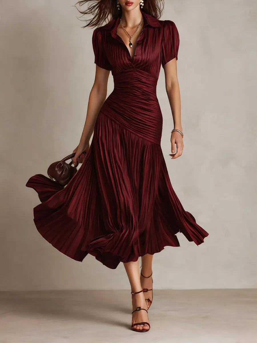 Women's Pleated Bodycon Midi Wedding Guest Dress with Collared Neck