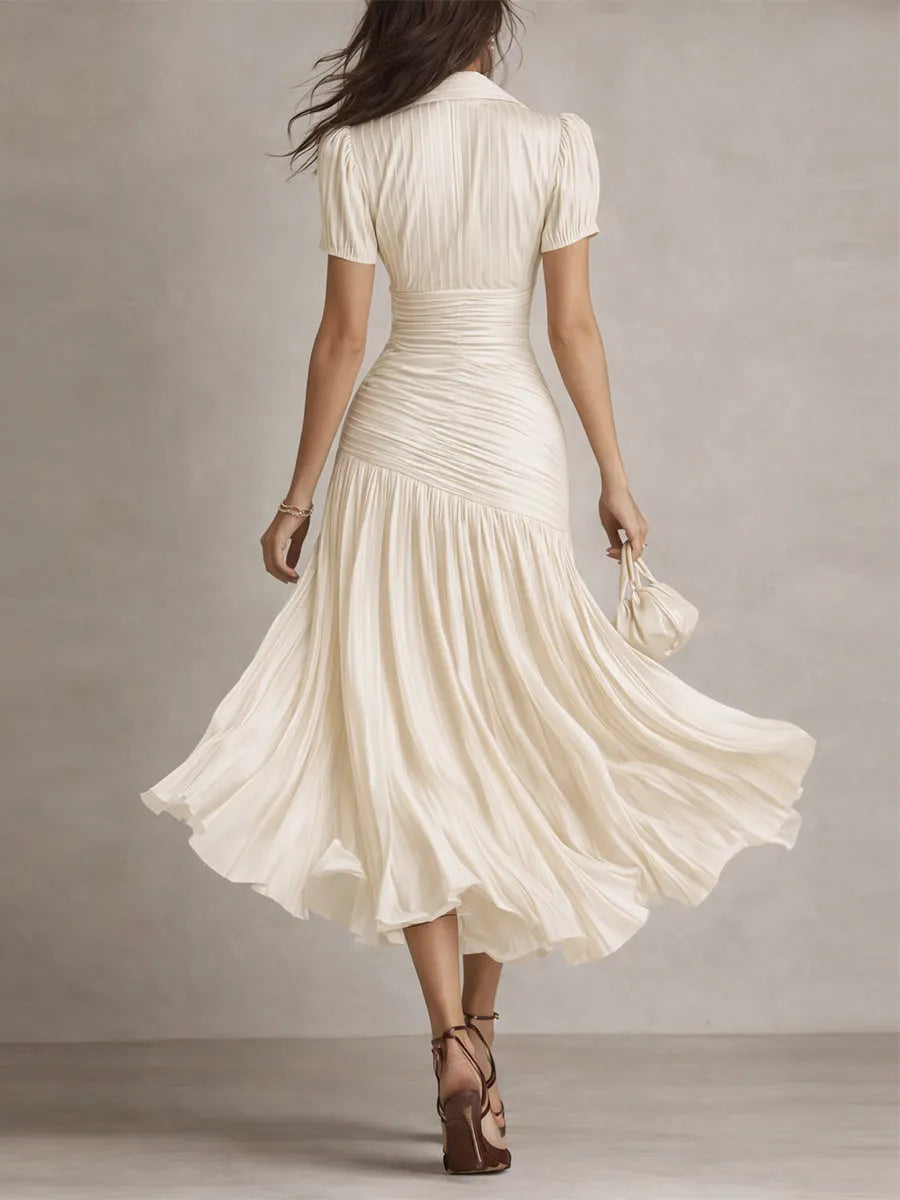 Women's Pleated Bodycon Midi Wedding Guest Dress with Collared Neck