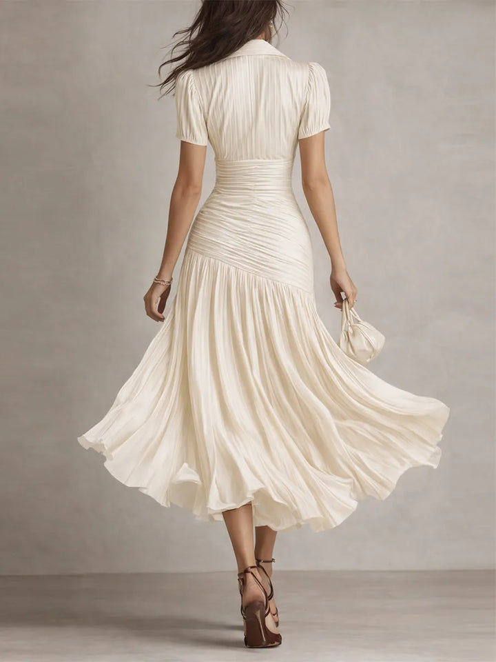 Women's Pleated Bodycon Midi Wedding Guest Dress with Collared Neck