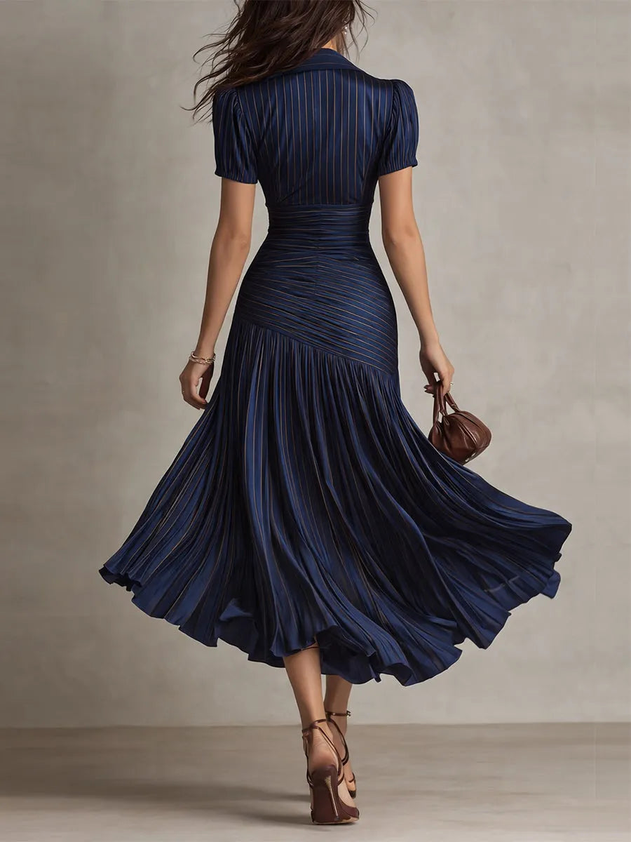 Women's Pleated Bodycon Midi Wedding Guest Dress with Collared Neck