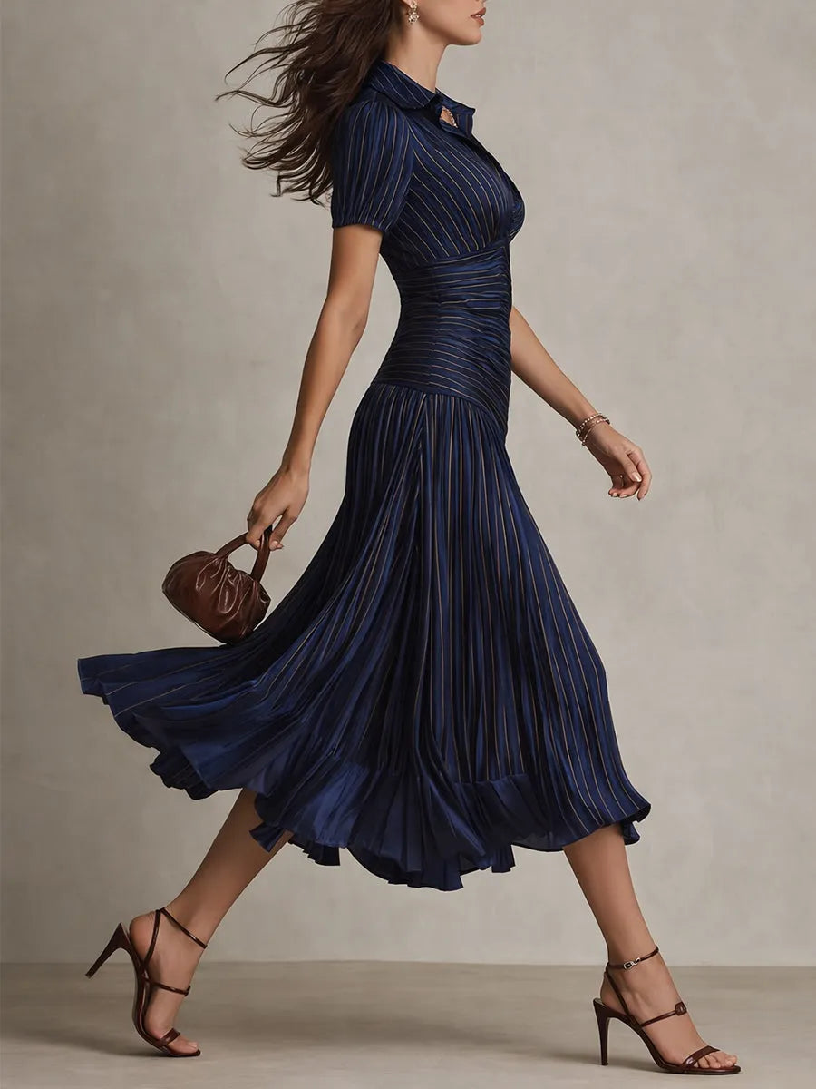 Women's Pleated Bodycon Midi Wedding Guest Dress with Collared Neck