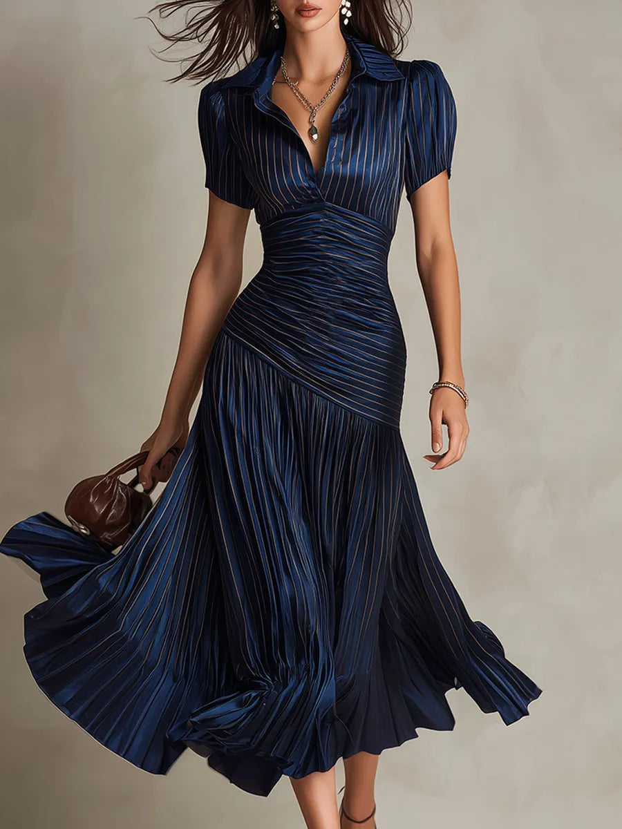 Women's Pleated Bodycon Midi Wedding Guest Dress with Collared Neck