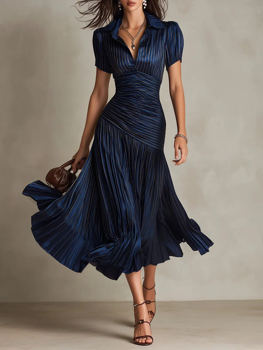 Women's Pleated Bodycon Midi Wedding Guest Dress with Collared Neck