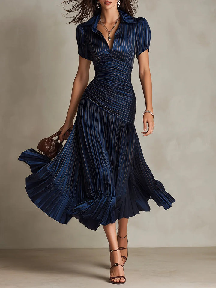 Women's Pleated Bodycon Midi Wedding Guest Dress with Collared Neck