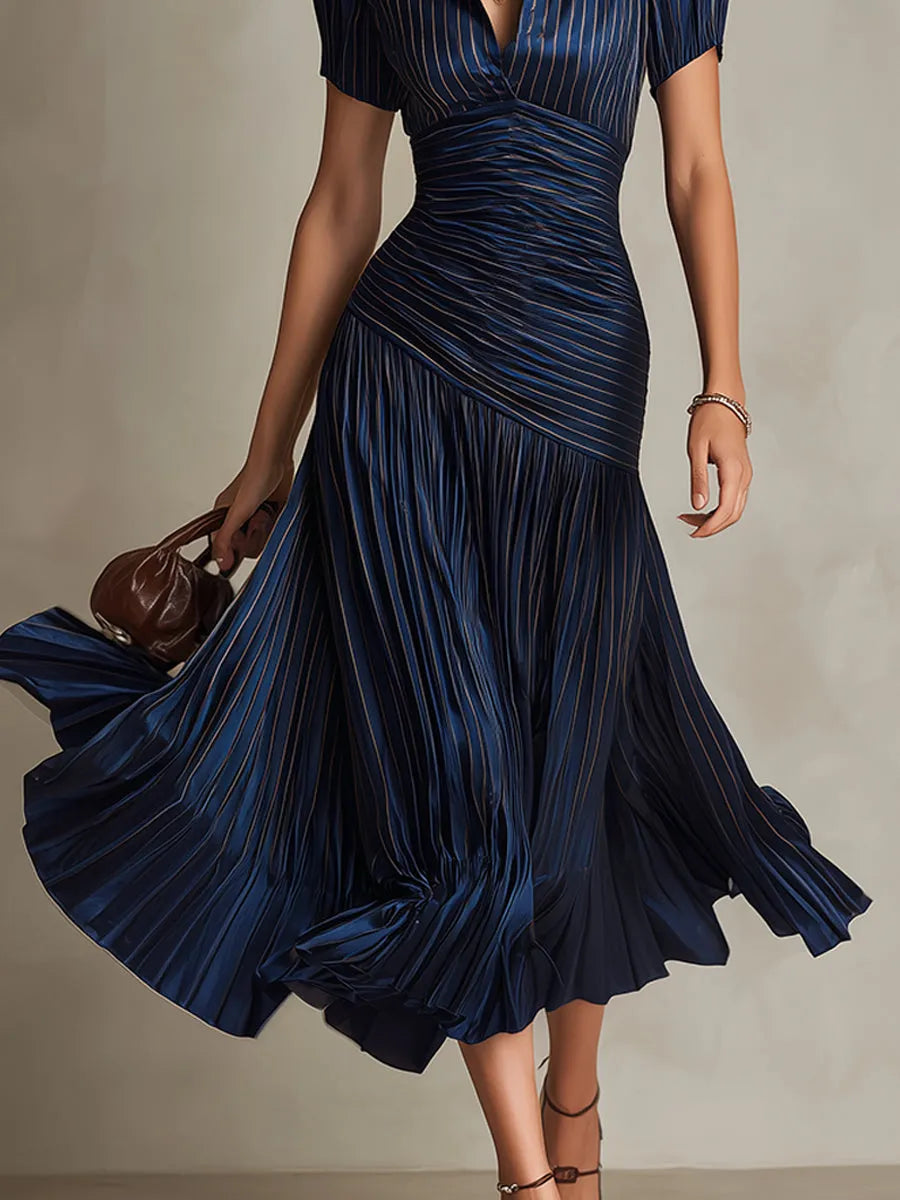 Women's Pleated Bodycon Midi Wedding Guest Dress with Collared Neck