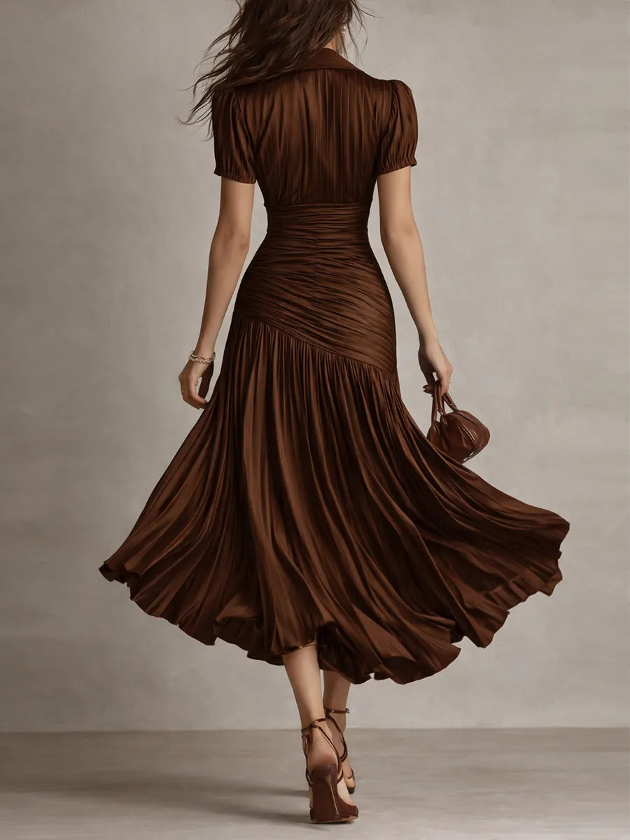 Women's Pleated Bodycon Midi Wedding Guest Dress with Collared Neck