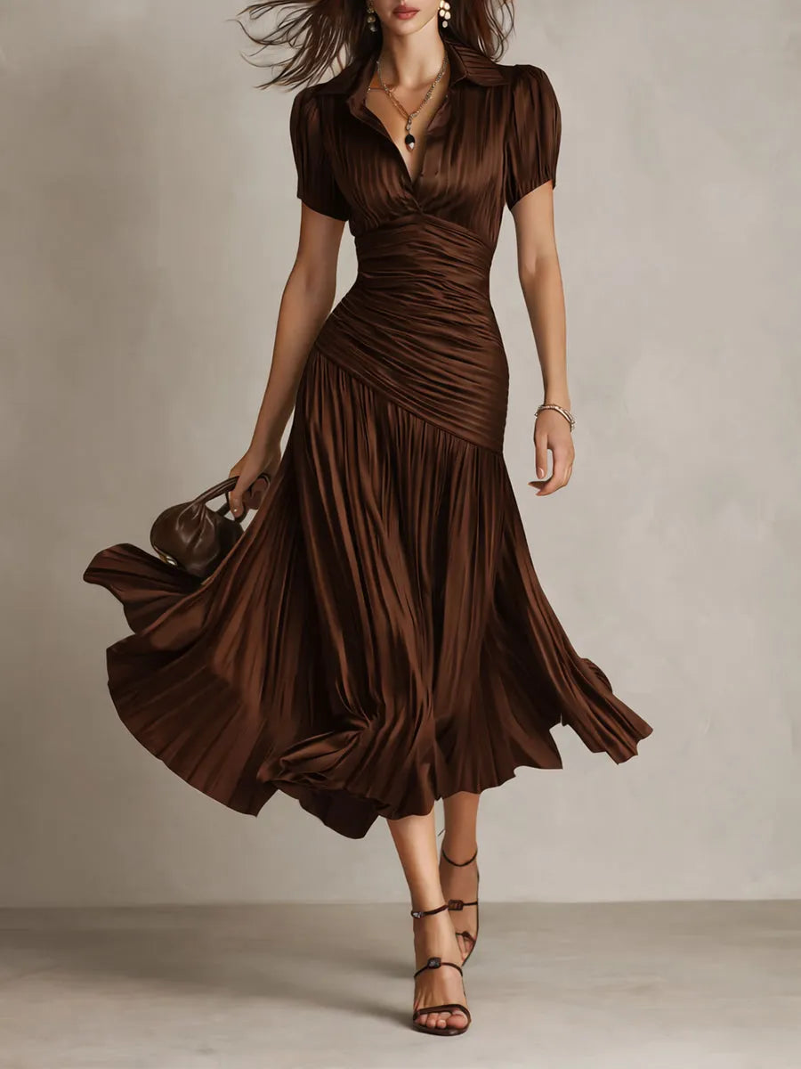 Women's Pleated Bodycon Midi Wedding Guest Dress with Collared Neck