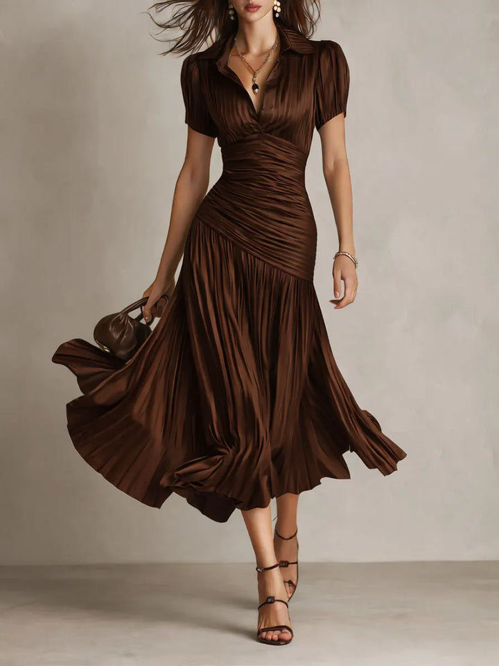 Women's Pleated Bodycon Midi Wedding Guest Dress with Collared Neck