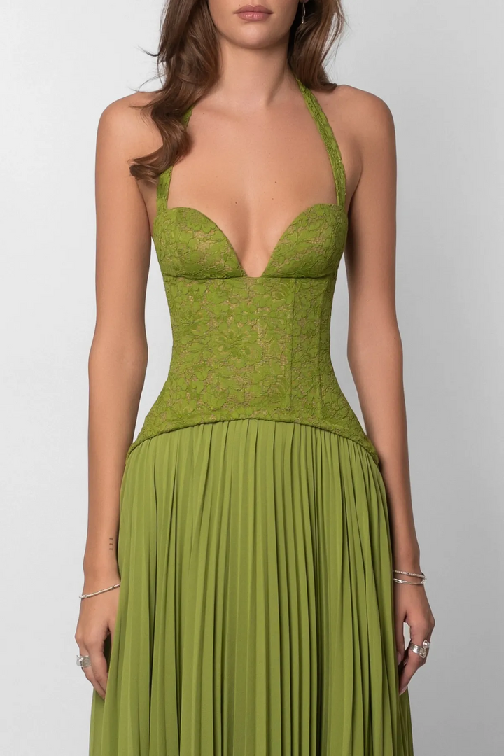 Women's Pleated Flowy Maxi Wedding Guest Dress with Sweetheart Neckline