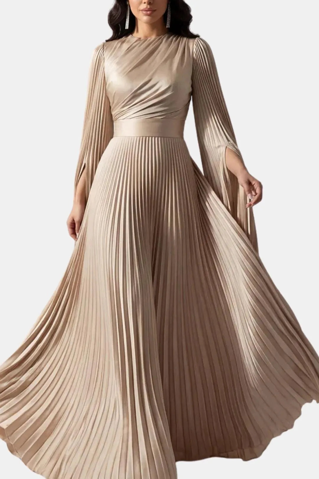 Women's Pleated Formal Maxi Wedding Guest Dress with High Neck