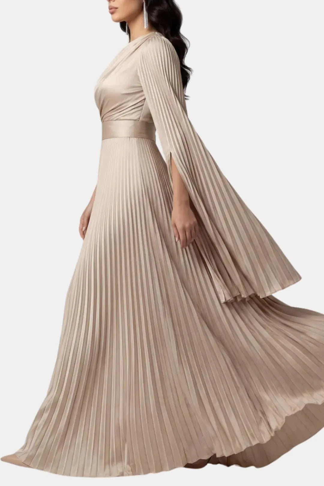 Women's Pleated Formal Maxi Wedding Guest Dress with High Neck