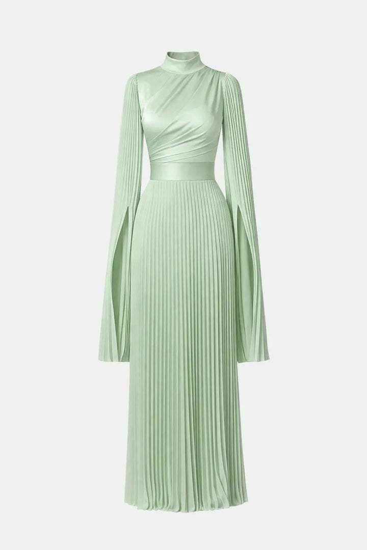 Women's Pleated Formal Maxi Wedding Guest Dress with High Neck