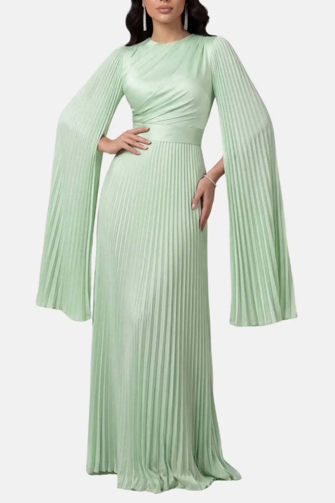 Women's Pleated Formal Maxi Wedding Guest Dress with High Neck