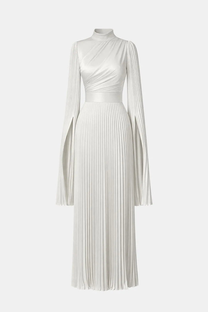 Women's Pleated Formal Maxi Wedding Guest Dress with High Neck