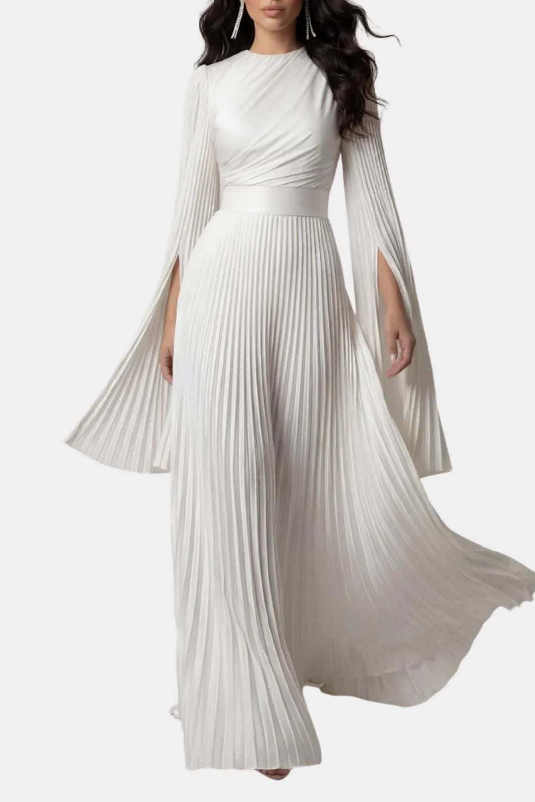 Women's Pleated Formal Maxi Wedding Guest Dress with High Neck