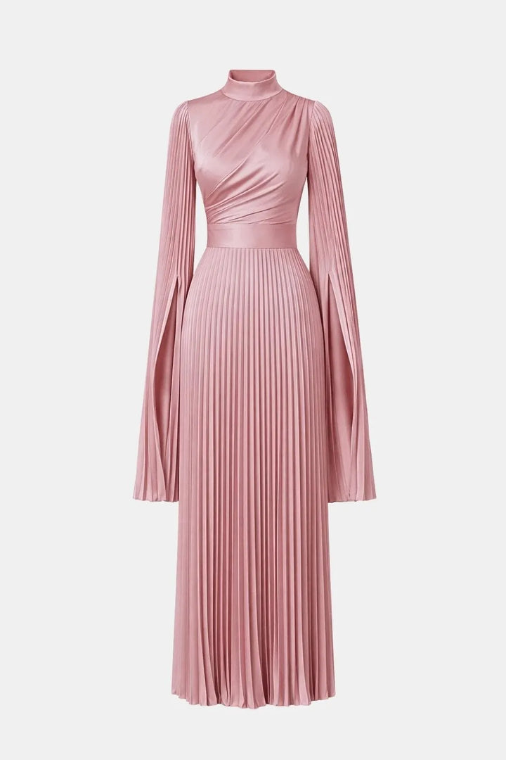 Women's Pleated Formal Maxi Wedding Guest Dress with High Neck