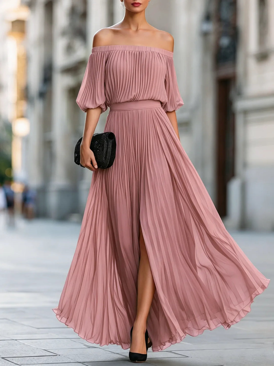 Women's Pleated Formal Maxi Wedding Guest Dress with Slit