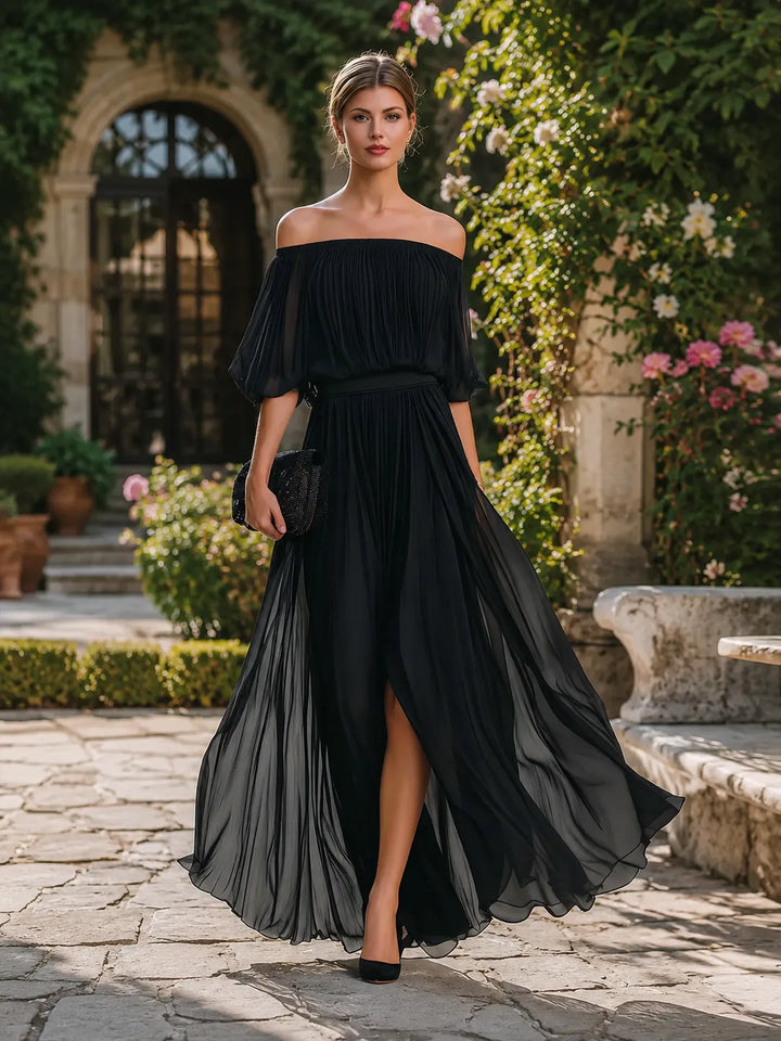 Women's Pleated Formal Maxi Wedding Guest Dress with Slit