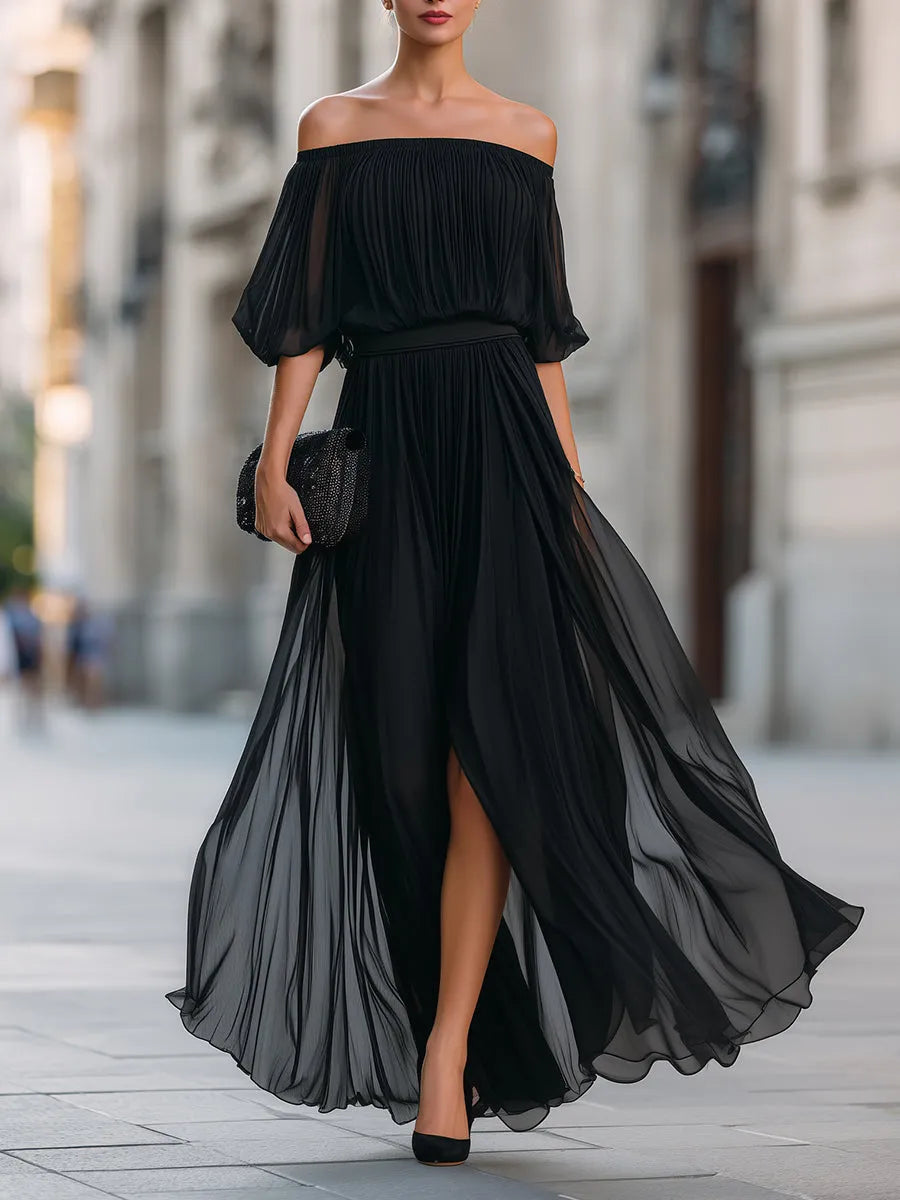 Women's Pleated Formal Maxi Wedding Guest Dress with Slit
