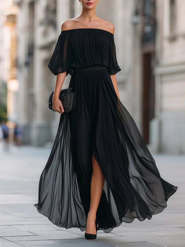 Women's Pleated Formal Maxi Wedding Guest Dress with Slit