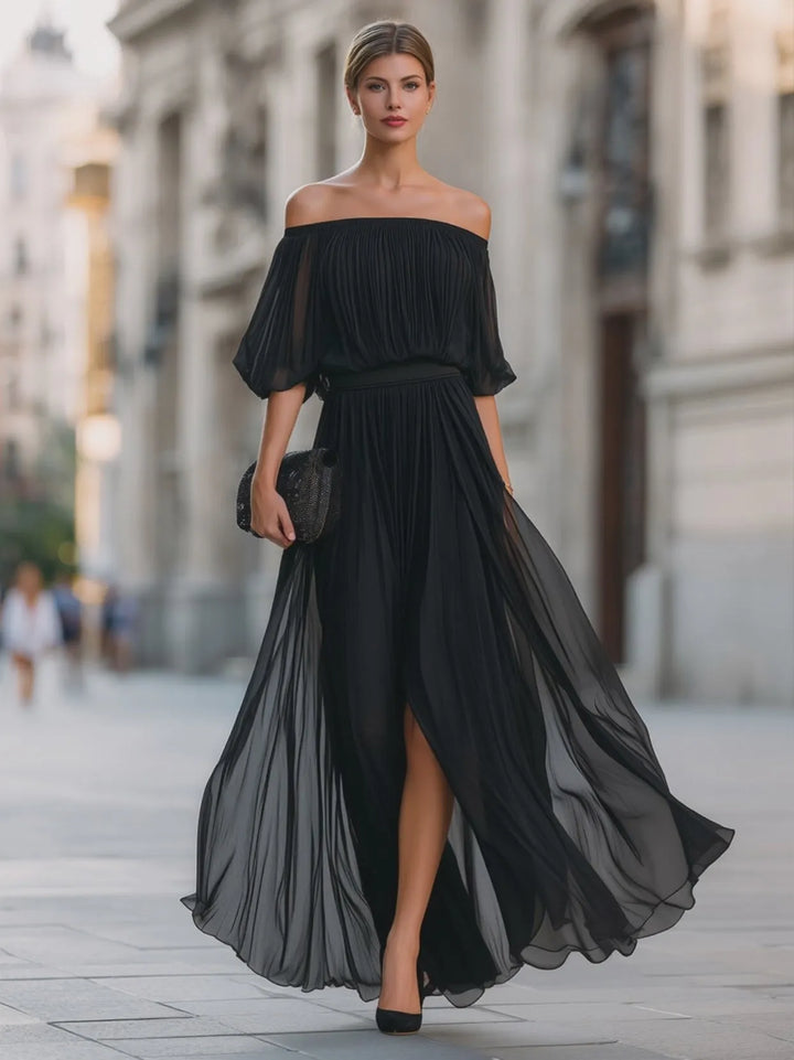 Women's Pleated Formal Maxi Wedding Guest Dress with Slit
