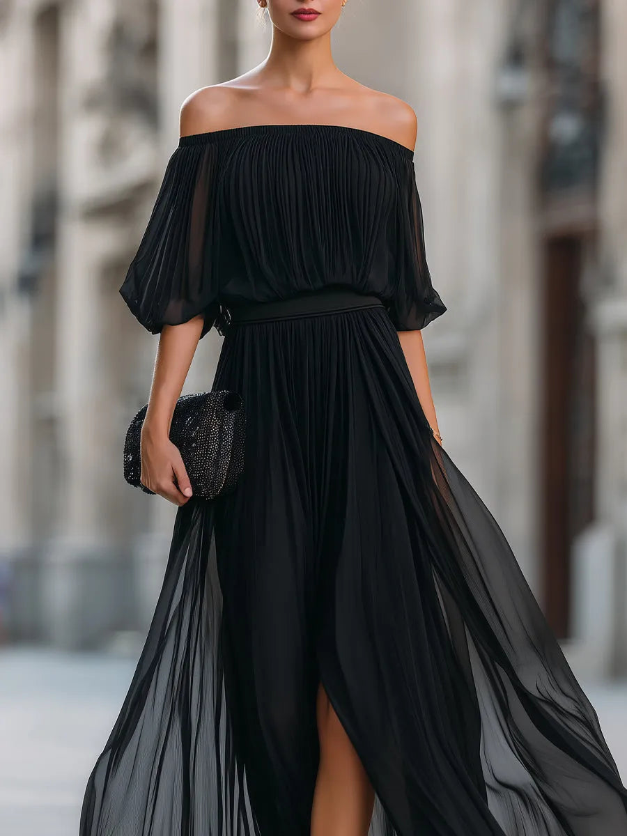 Women's Pleated Formal Maxi Wedding Guest Dress with Slit