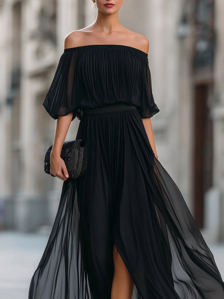 Women's Pleated Formal Maxi Wedding Guest Dress with Slit
