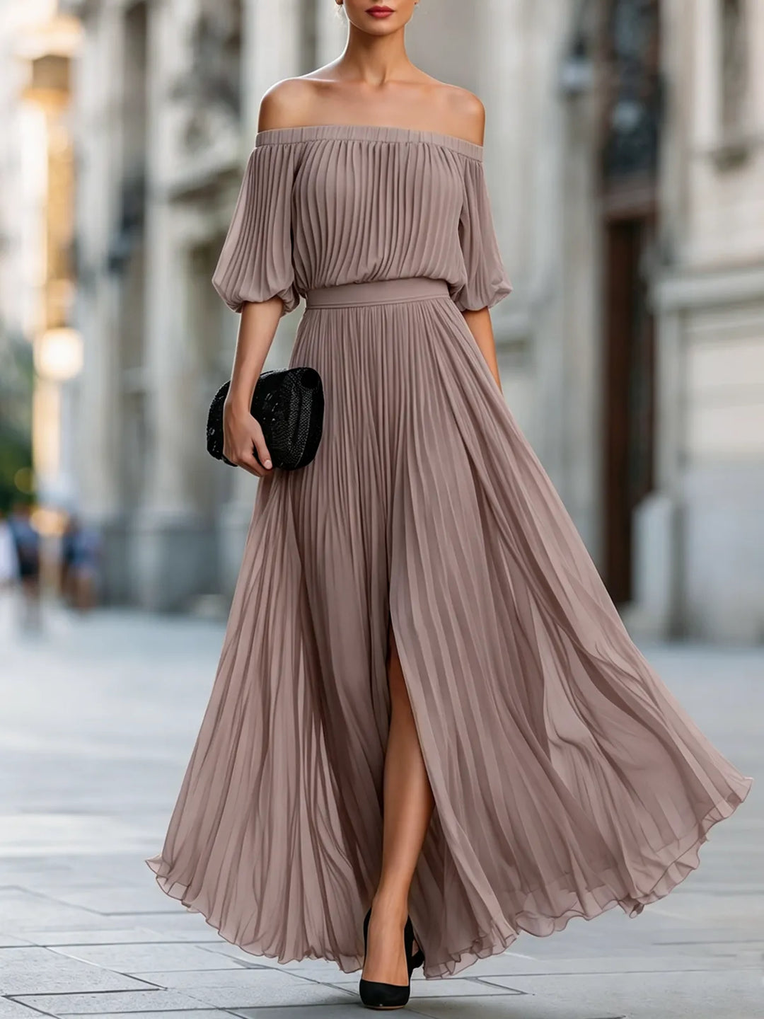 Women's Pleated Formal Maxi Wedding Guest Dress with Slit
