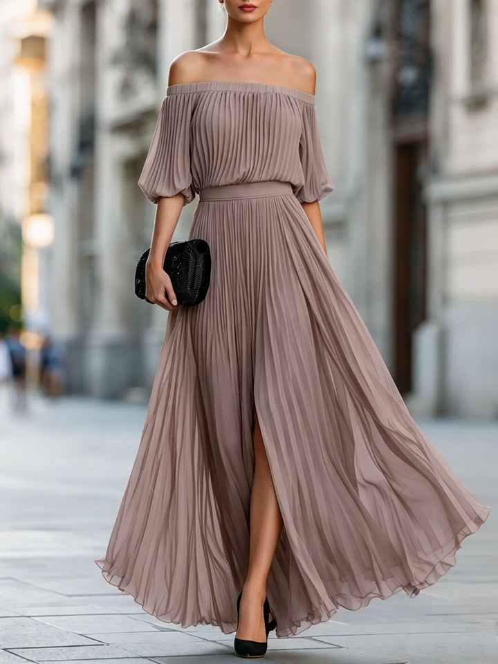 Women's Pleated Formal Maxi Wedding Guest Dress with Slit